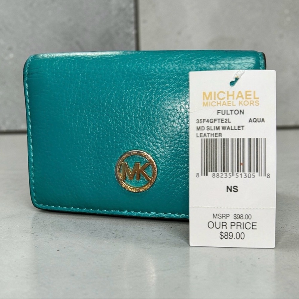 NWT Michael Kors Fulton Aqua teal Leather Slim Wallet (matching purse in closet)